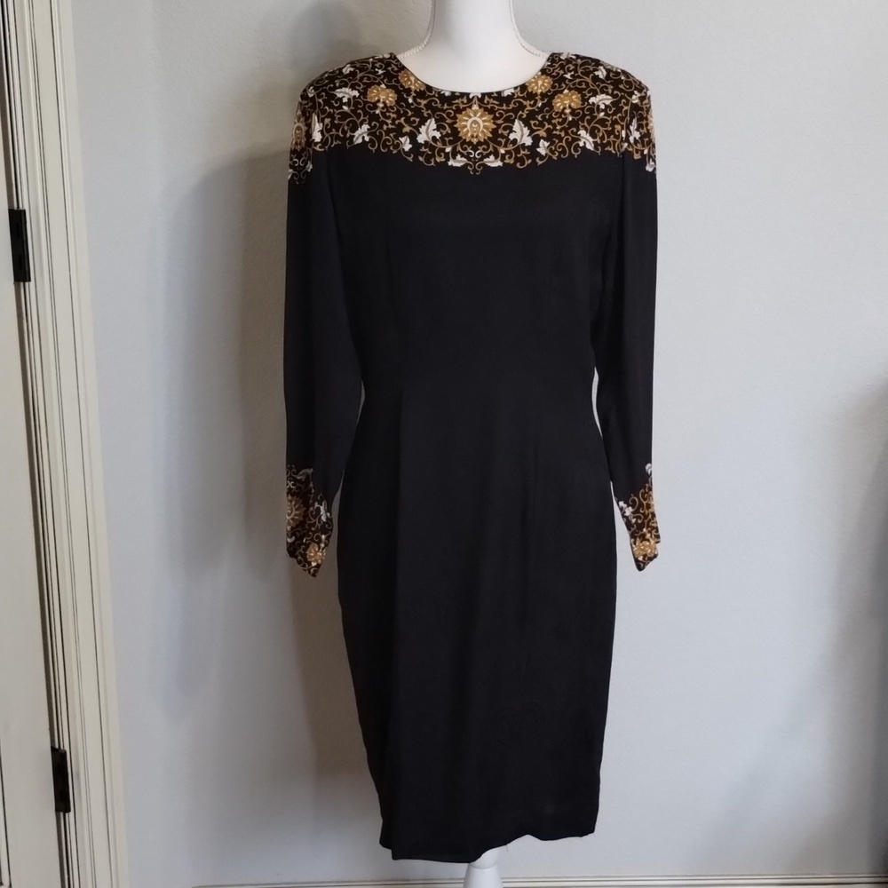 Adrianna Papell Silk Black Dress with Gold Leaf print size 12 Vintage